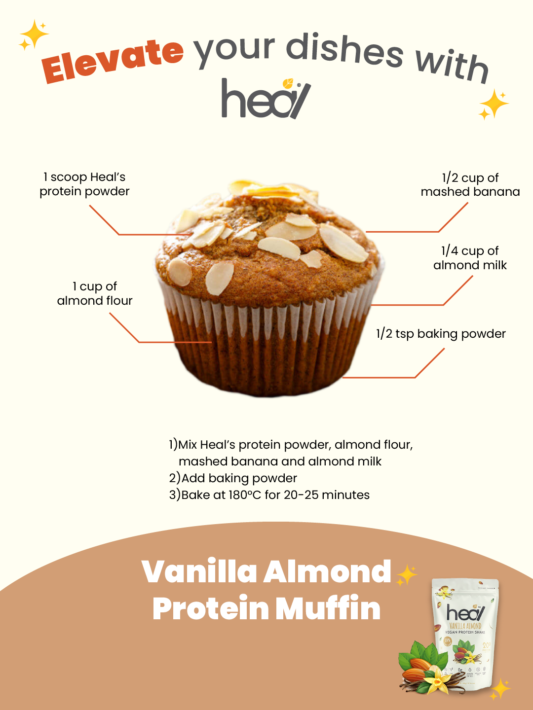 Heal Vanilla Almond Vegan Protein Shake, (525g - 15 Servings) Value Pack